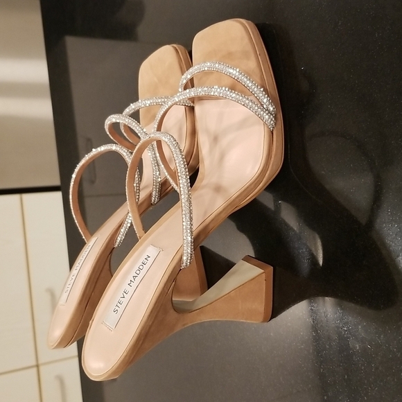💕STEVE MADDEN💕 Libbie Camel Nubuck Rhinestone High Heel Platform Sandals ~ 11 - Picture 9 of 13